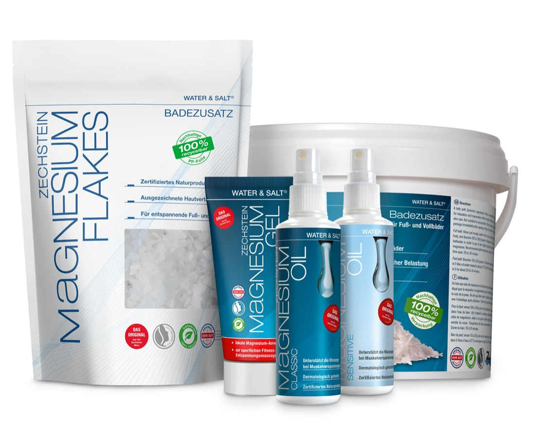 Magnesium Komplett-Set: Zechstein Magnesium Oil classic, Oil sensitive, Gel 150 ml, Flakes 500 g und Flakes 2 kg