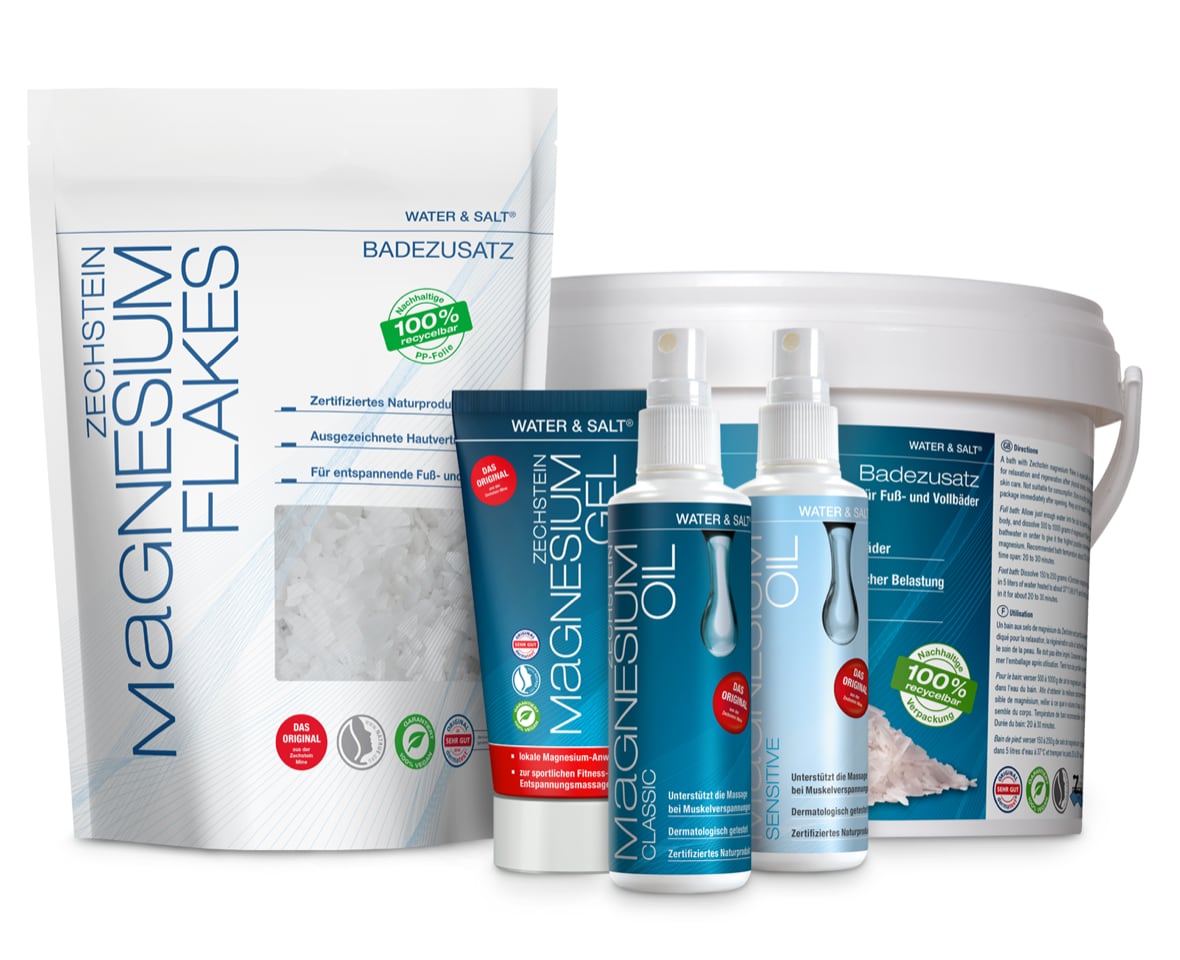 Magnesium Komplett-Set: Zechstein Magnesium Oil classic, Oil sensitive, Gel 150 ml, Flakes 500 g und Flakes 2 kg
