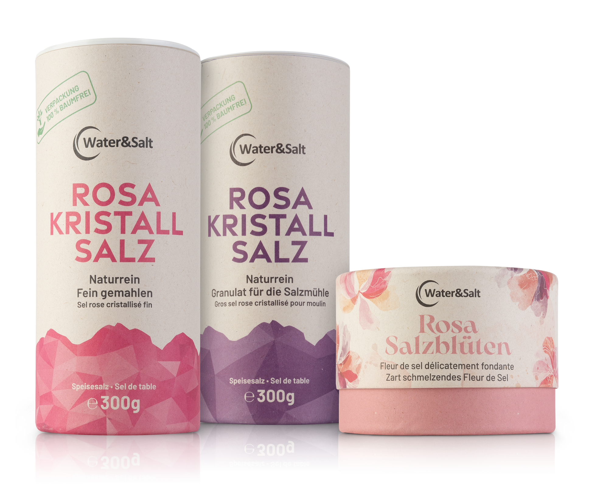 Rosa Kristallsalz Sortiment von Water & Salt: fein gemahlen 300 g, Granulat für die Salzmühle 300 g und Rosa Salzblüten