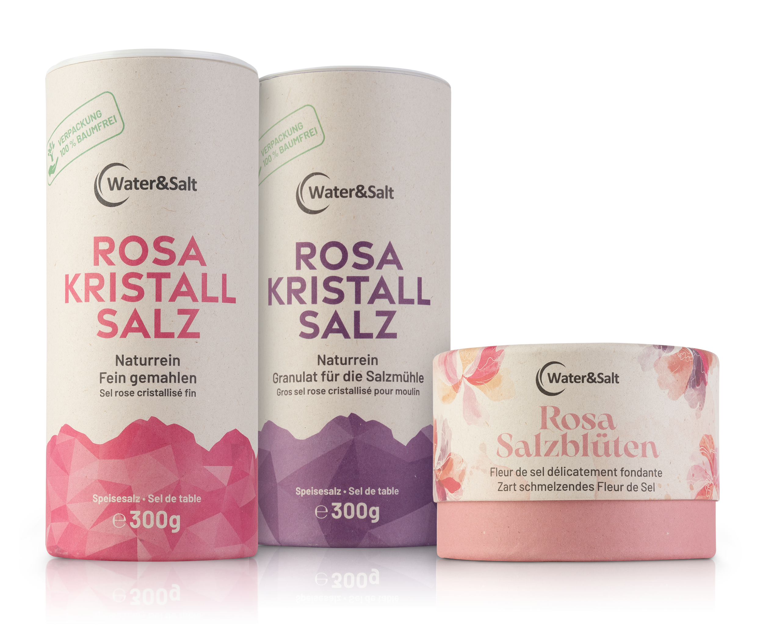Rosa Kristallsalz Sortiment von Water & Salt: fein gemahlen 300 g, Granulat für die Salzmühle 300 g und Rosa Salzblüten